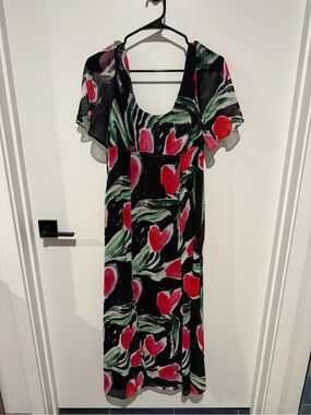 Black Floral Midi Dress with Red & Green Print *please read description*